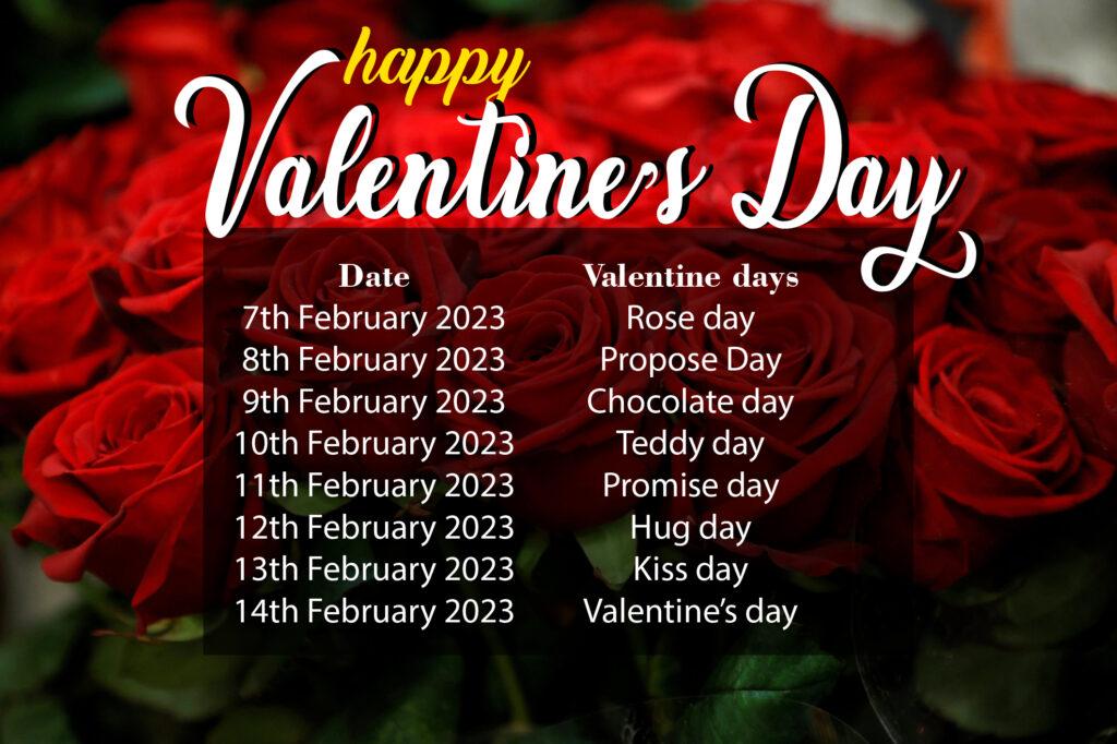 valentine's day 2023 events; rose day 2023; propose day 2023; kiss day 2023; chocolate day 2023; kick day 2023; kiss day 2023 list;